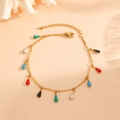 18K gold plated chain bracelet featuring colorful teardrop pendants and white seashell - Gold Bracelet (Multicolor Teardrop Pendants)
