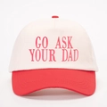 Detail of the embroidered 'GO ASK YOUR DAD' text on a two-tone baseball cap - One Size / Off-white Spliced Red