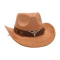 Camel brown suede cowboy hat featuring a silver bull head metal emblem and rivets - One Size / Khaki