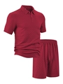 Men's casual summer polo set in burgundy with textured chevron knit and short sleeves - S / Burgundy