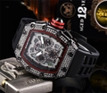 Tonneau skull watch with diamond-set case and black rubber strap for men - Black Dial Black Case Black Strap