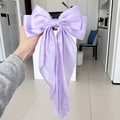 Handheld lavender satin bow hair clip with long ribbons in a stylish Korean style - Light Purple
