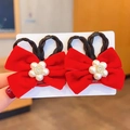 Kids red velvet bow hair clips with braided faux hair and pearl floral accents - Pearl Flower Braid (Hair Clip 024-Braid)