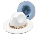 Detail of fedora hat lining with gold chain strap and two-tone wool felt finish - White + Sky Blue