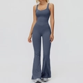 Deep grey-blue sleeveless flared yoga bodysuit with a cross-back and fitted waist - Navy Blue