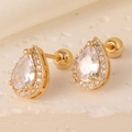 Macro detail of gold teardrop earrings with pear-cut zircon and secure screw-back closure - Gold Halo Teardrop Shape