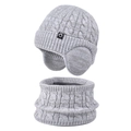 Light grey cable knit kids beanie with earflaps and matching neck warmer set - 2-Piece Set - Two-Tone Grey