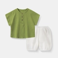 Olive green cotton gauze short sleeve set with wooden buttons and white shorts for kids - 80cm / Apple Green + White