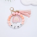 Llavero pulsera Mama de cuentas de silicona con borla rosa y colgante arcoíris - Dije Mom Arcoiris/Cuentas de Letras MAMA / Rosa Claro