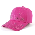 Detail of rose red baseball cap featuring silver rhinestones and rainbow star studs - Rose Red