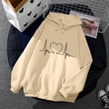 Beige fleece-lined hoodie with heart heartbeat graphic and kangaroo pocket - S / Tops / Apricot
