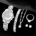 Elegant 5-piece silver watch and jewelry set with sparkling rhinestones on black leather - Round Diamond Pendant 5-Piece Set / Silver