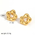 Detailed size view of gold flower earrings with crystals, 21.4mm width and 8.4g weight - Gold Hollow Flower Style (TE60509)