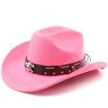 Detail of pink faux suede cowboy hat featuring punk black leather band and metal skulls - M (56-58cm) / Magenta