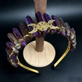 Detail of bohemian crown with purple crystal pillars and golden moon symbol - Dark Purple + Gold Wire Gold Headband Gold Moon