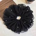 Elegant black pleated oversized scrunchie featuring decorative white pearls for women - Black Pleated Oversized with Pearls