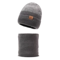 Winter knit beanie and neck warmer set in dark gray gradient with outdoor leather patch - One Size / Gray