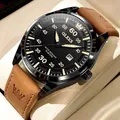 OLEVS men's quartz watch with black dial, date function, and brown leather strap - Brown Leather/Black Dial/Gold Markers