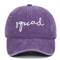 Detailed view of purple washed cotton baseball cap with white squad script embroidery - Adjustable / Purple