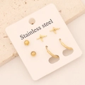 3-pair set of golden stainless steel earrings with heart, bead, and hoop designs - Heartbeat Waveform