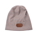 Brown and white striped knit beanie with a leather logo patch and soft ribbed texture - One Size / Kids Khaki & White Stripes
