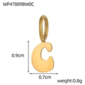 Detail view of a 0.9cm golden stainless steel letter C pendant with size specifications - Letter-C / Gold