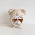 Beige knitted baby earflap hat with cute bear ears and secure chin straps - Beige Small Ears - Not Lined