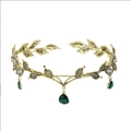 Golden bridal crown with leaf design, green water-drop gems and crystal rhinestones - Antique Bronze With Green Drop