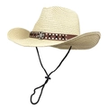 Classic straw western cowboy sun hat with leather band and vintage metal badge detail - M (56-58cm) / Beige