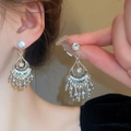Ethnic style fan-shaped earrings with crystal tassels and silver pins in silver finish - Vintage Luxury Zirconia Tassel Earrings (23#) / Silver Earring Post Style / Silver-Gunmetal