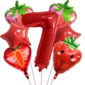 Detail shot of strawberry birthday balloons showing the red number seven and cute fruit designs - Smiling Strawberry Style (Smiling Strawberry Set 7)