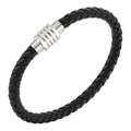 Pulsera minimalista de cuero trenzado negro con cierre magnético de plata pulida en fondo blanco - 19cm / Hebilla de Color Acero