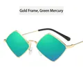 Retro geometric diamond-shaped sunglasses with gold metal frame and green mirror lenses - One Size / Gold Frame Green Mirror Lens