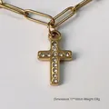 Golden stainless steel cross pendant with zircon stones on paperclip chain, 17x10mm - Zirconia Cross / Gold