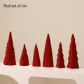 Set of 6 red flocked ceramic Christmas trees with modern geometric textures for tabletop - Red Set of 6
