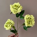 Artificial 3-head diamond rose flower in pale yellow-green with natural green leaves - Green
