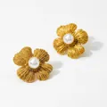 Elegant gold flower earrings with pearl center featuring detailed brushed metal texture - Gold (D2004)