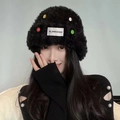 Winter plush black bucket hat with colorful button accents and woven brand label - Color Button-Black