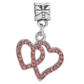 Silver charm bead with pink crystal double heart pendant and bow link for bracelets - Pink Rhinestone Double Heart Pendant (#38)