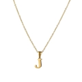 Detail of letter J pendant necklace in 18K gold-plated stainless steel with sleek chain - Gold J