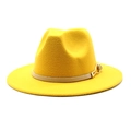 Cappello Fedora in lana giallo vivace a tesa larga con cinturino in pelle e fibbia d'oro - M（56-58cm） / Giallo