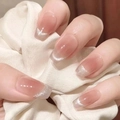 Short coffin press-on nails with nude pink to glittery silver gradient finish - Z641 Smiling Cat Eye / Nail Glue Version