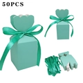 Teal green petal-shaped gift boxes with satin ribbons and 50pcs flat shipping sheets - Teal Blue + Teal Blue Ribbon