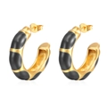 Detail of C-shaped gold-plated bamboo hoop earrings with black enamel coating accents - Black