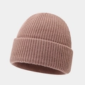 Detail showing the fine rib-knit texture and cuffed hem of the tan winter beanie cap - One Size / Dark Khaki