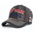 Distressed dark coffee cotton baseball cap with red New York 3D embroidery and side USA logo - Dark Gray