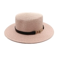 Close-up of fine woven straw boater hat with black leather band and gold buckle detail - M (56-58cm) / Light Pink