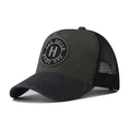 Detail of army green washed cotton trucker hat with breathable black mesh and H logo - Adjustable / Army Green & Black (H)