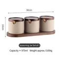 Ceramic spice jar set with wooden lids, spoons and tray in matte beige finish - Large 3-Piece Set