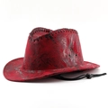 Red distressed camouflage western cowboy hat with black crackle patterns and chin strap - Red
